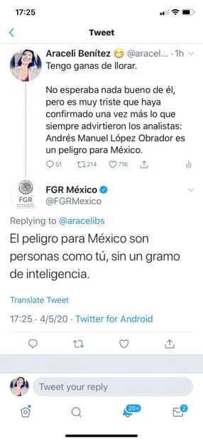 Investiga FGR a funcionario que insultó a tuitera por criticar a AMLO
