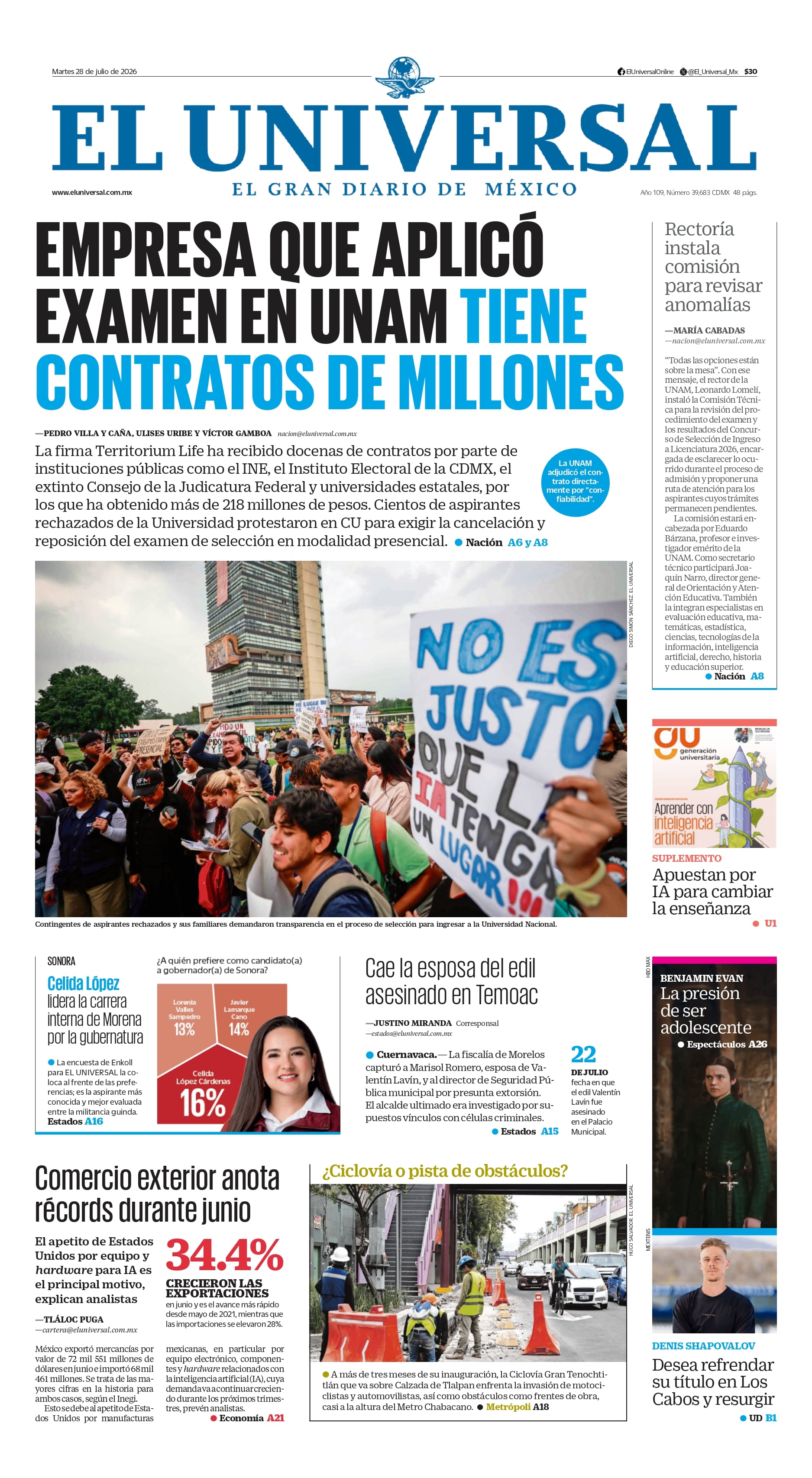 Portada impresa del 28 de julio de 2026