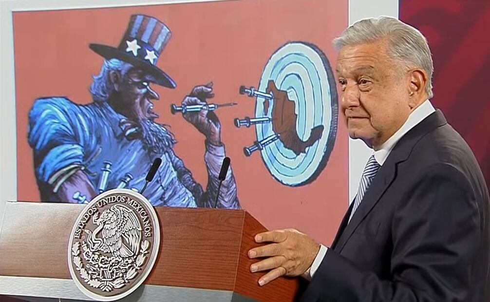 AMLO muestra caricatura sobre las drogas en EU. Foto: Captura de pantalla