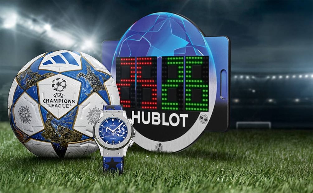 Caja especial del Hublot Classic Fusion Chronograph UEFA Champions League Titanium con trofeo en escala. Foto: Cortesía