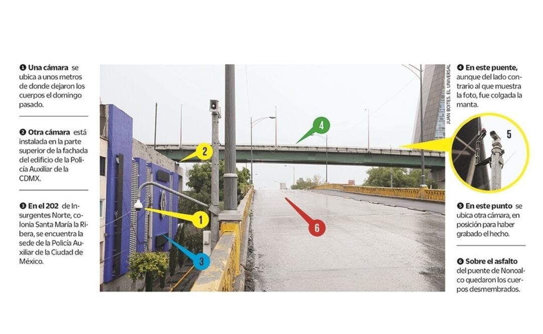 Dejan cuerpos frente a estación de policía con cámaras de vigilancia. EL UNIVERSAL realizó un recorrido por la zona y verificó que en el lugar habían seis cámaras de videovigilancia, sin embargo, no hay ningún video que haya captado el suceso.