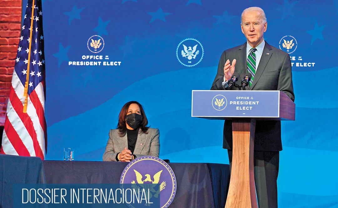 El presidente electo, Joe Biden, con la vicepresidenta electa, Kamala Harris, ayer durante una conferencia en Wilmington, Delaware. Foto: Angela Weiss. AFP