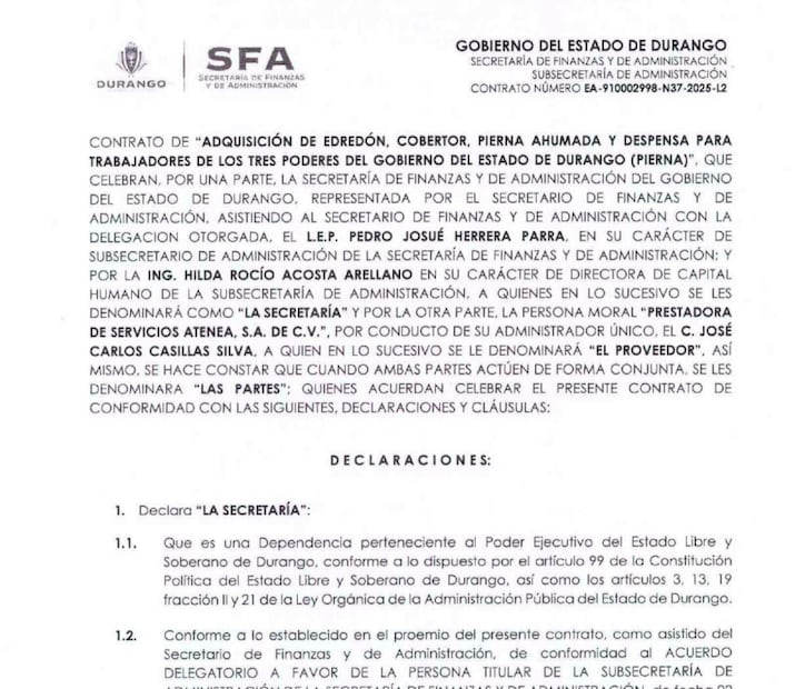 Contrato con el gobierno de Durango. Foto: Captura de pantalla
