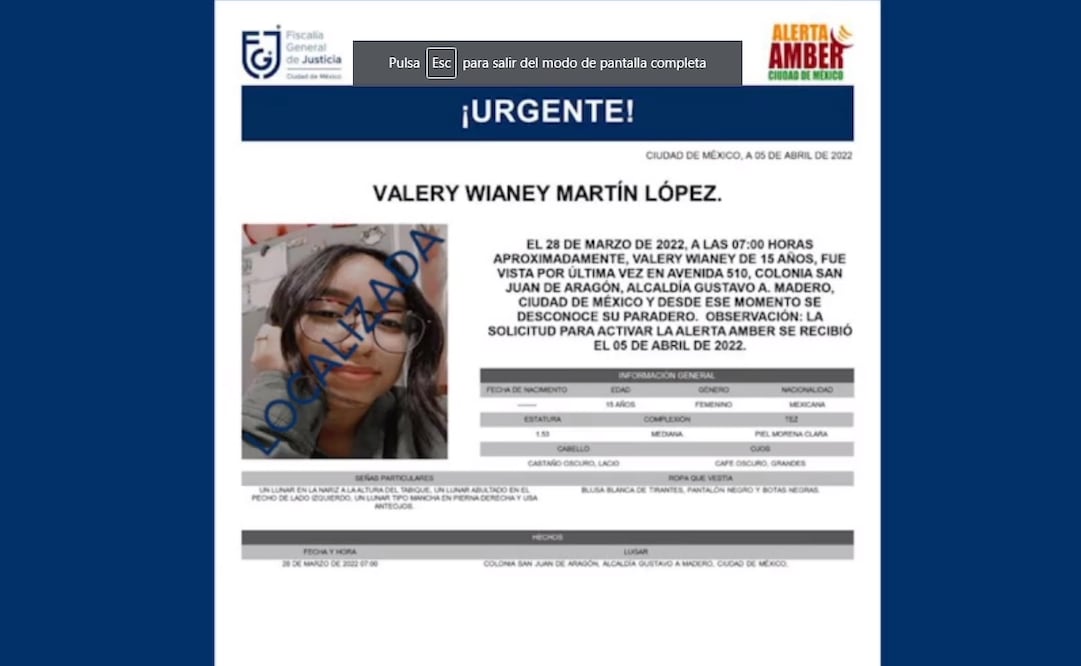 Al ser localizada la menor, fue desactivada la Alerta Amber emitida al momento de su desaparición. Foto: tomada de Twitter @FiscaliaCDMX