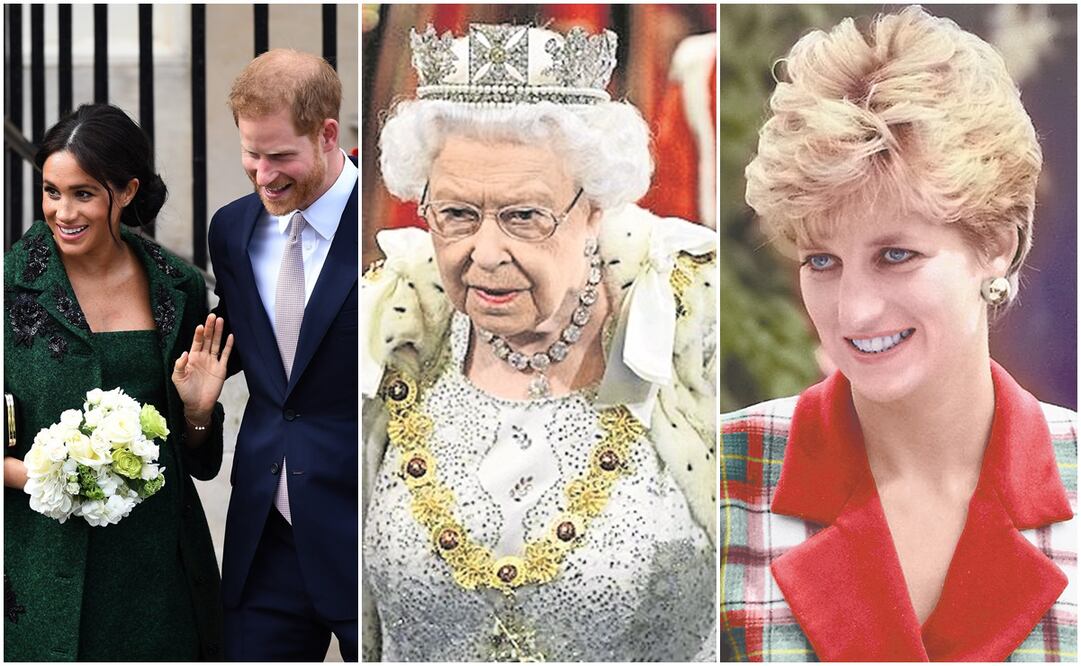 Meghan Markle, Enrique de Sussex, Reina Isabel, Princesa Diana. Fotos: EFE y AFP