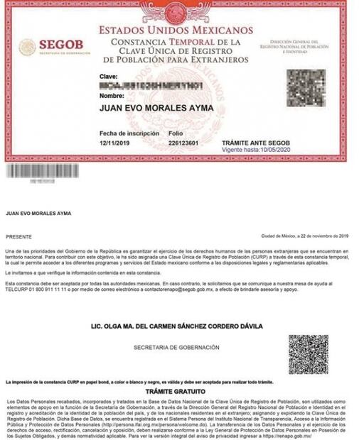 Tramitan CURP para Evo Morales y exfuncionarios