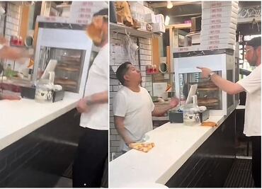 Empleado latino arroja rebanada de pizza en la cara a hombre que lo insultó en EU; video se vuelve viral