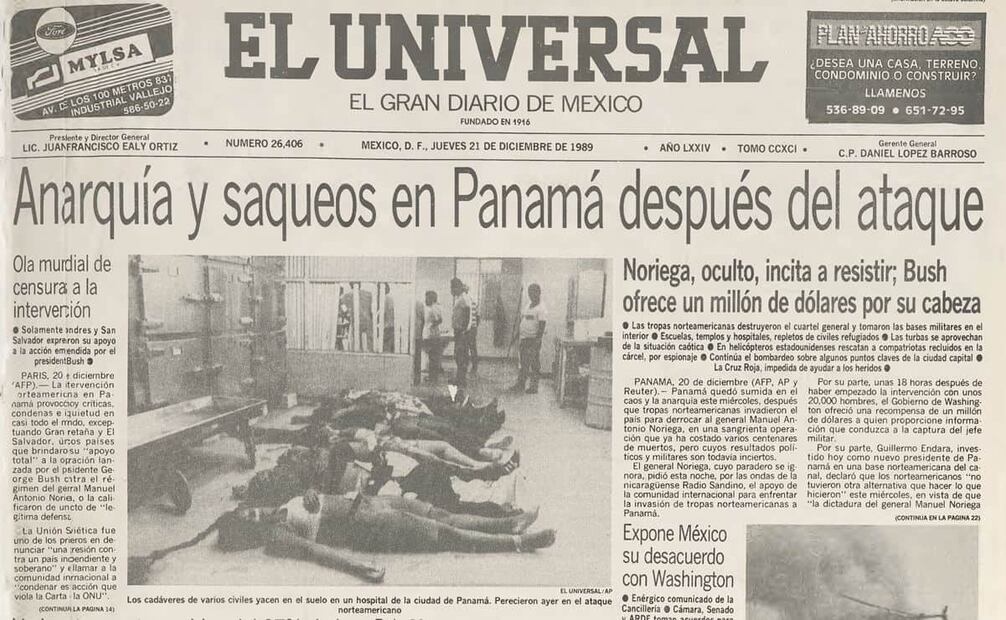 Primera plana de EL UNIVERSAL del 21 de diciembre de 1989, con la invasión de Estados Unidos a Panamá. Foto: Hemeroteca EL UNIVERSAL.