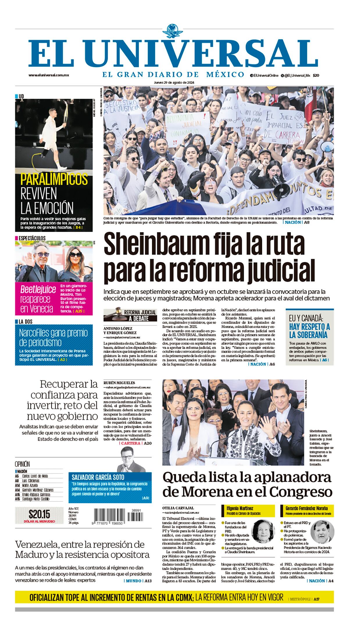 Portada impresa del 29 de agosto de 2024 | El Universal