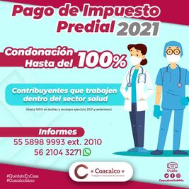 Coacalco condona al 100% impuesto predial del 2021 a trabajadores de la salud
