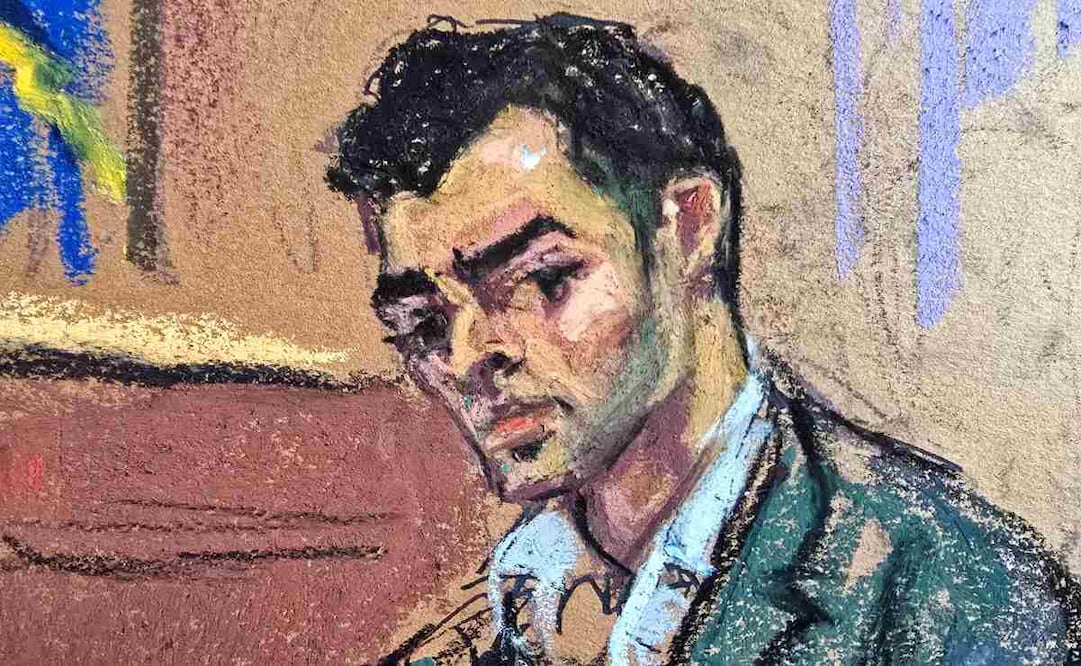 Fotografía de un dibujo realizado por la artista Jane Rosenberg que muestra a Luigi Mangione durante una audiencia preliminar este martes, en un tribunal de Nueva York (Estados Unidos). El juicio estatal contra el joven Mangione, acusado de asesinar al director ejecutivo de UnitedHealthcare, Brian Thompson, en 2024, comenzará el próximo 8 de septiembre y tendrá un panel de jurados anónimo, según dictaminó el juez que supervisa el caso. Foto: EFE