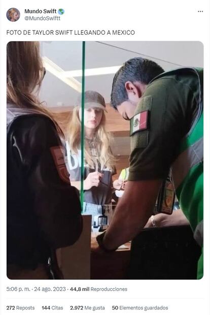Una fotografía filtrada en Twitter mostraría el momento en que Taylor Swift llegó a México.  / Foto: Twitter
