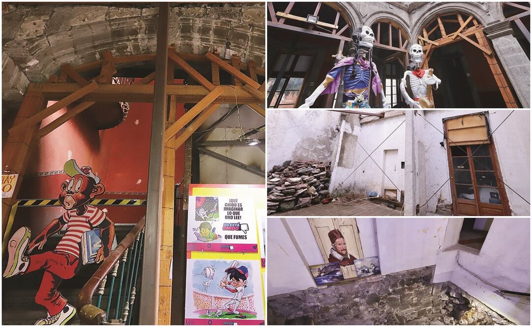 Decenas de polines sostienen varias partes de la estructura del edificio que data de 1612 y que ahora presenta cuarteaduras y problemas de hundimiento.