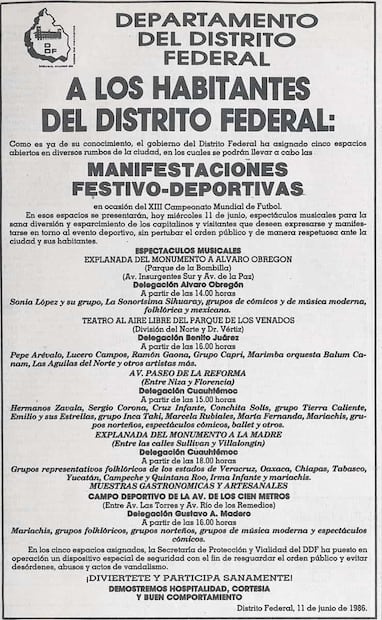 Anuncio del DDF para los “sitios de sana diversión” disponibles tras el partido México vs. Irak. Foto: Hemeroteca EL UNIVERSAL.
