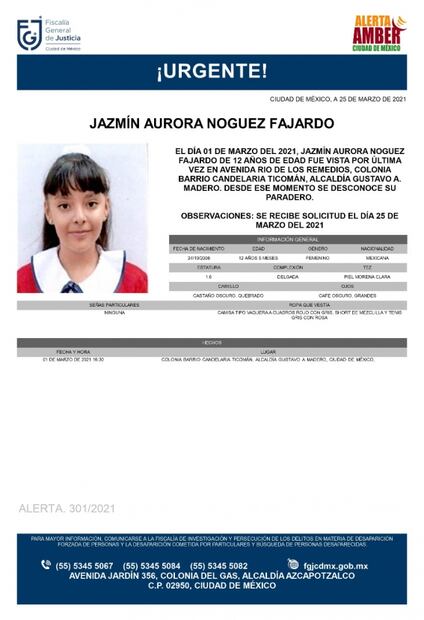 Emiten Alerta Amber para Jazmín, niña de 12 años desaparecida en GAM