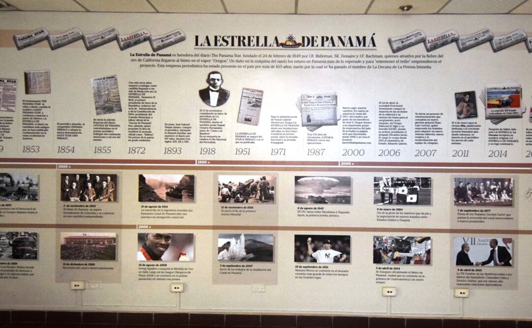 Una línea del tiempo que se exhibe al lado de la sala de redacción del periódico La Estrella, de Panamá, muestra la vida informativa de 168 años del rotativo, fundado en febrero de 1849 (Foto: Jaime Lucar)