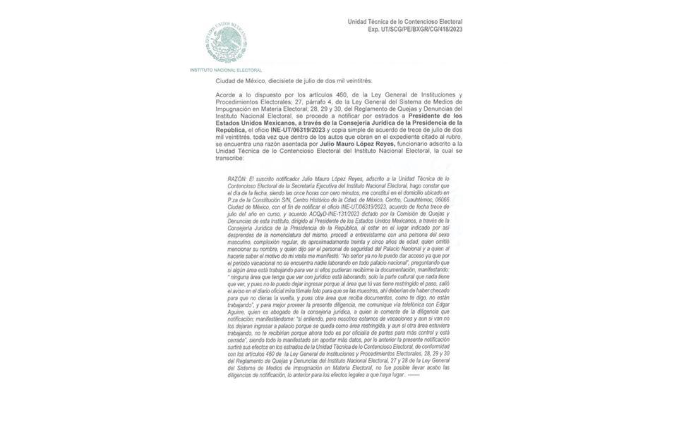 INE notificó por estrados a AMLO