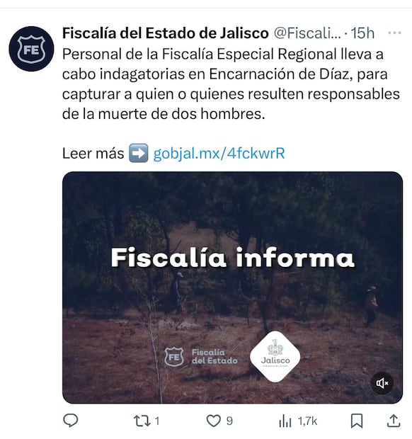 Publicación Fiscalía de Jalisco sobre la muerte del papá y hermano de Luis Ángel Robelo. Foto: Captura de pantalla