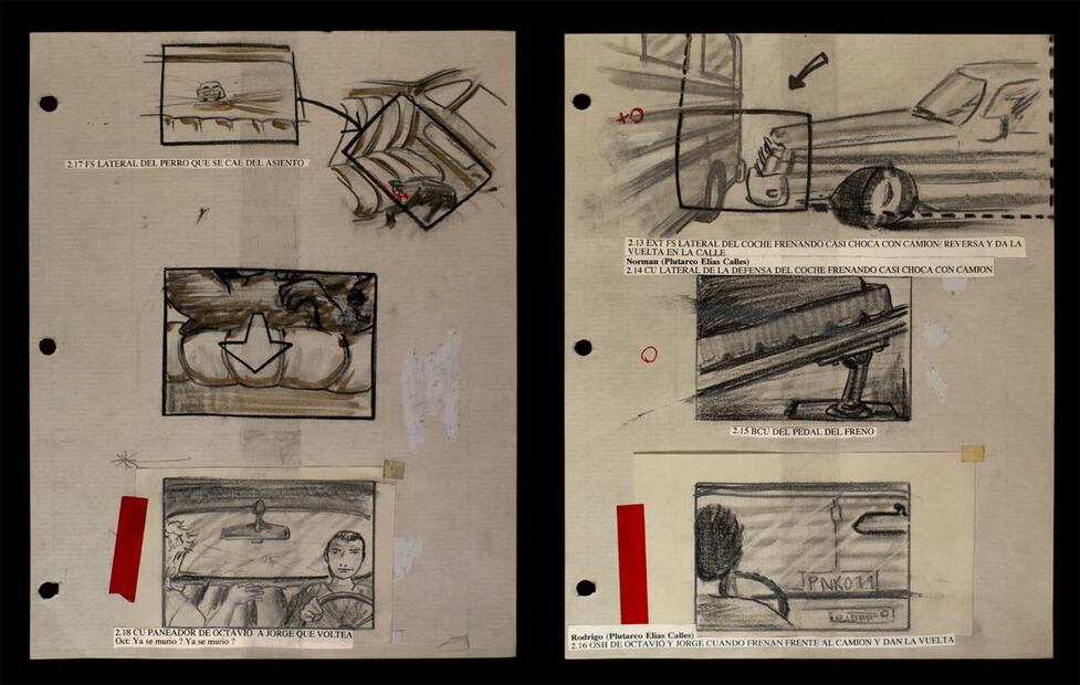 Dibujos del guion gráfico (storyboard) de Amores perros, realizado por el artista Fernando Llanos. Cortesía Fernando Llanos.