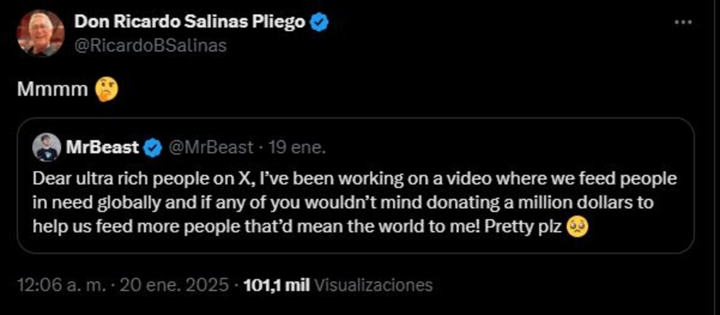 Salinas Pliego responde a mensaje de MrBeast. Foto: Captura de pantalla