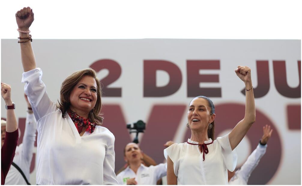 Claudia Sheinbaum junto a la candidata Alma Alcaraz a la gubernatura de Guanajuato. Foto: Diego Simón/EL UNIVERSAL