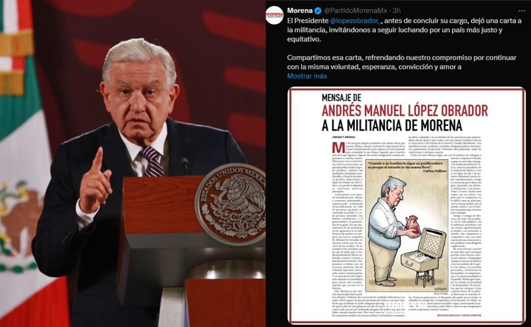 En un mensaje que Morena difundió en su red social “X”, el expresidente Andrés Manuel López Obrador pidió a su militancia anteponer siempre los intereses de México. Foto de Edgar Sila Fuentes/EL UNIVERSAL y tomada de X