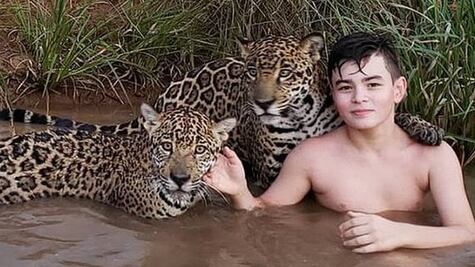 Se viraliza foto de niño que juega con jaguares en Brasil