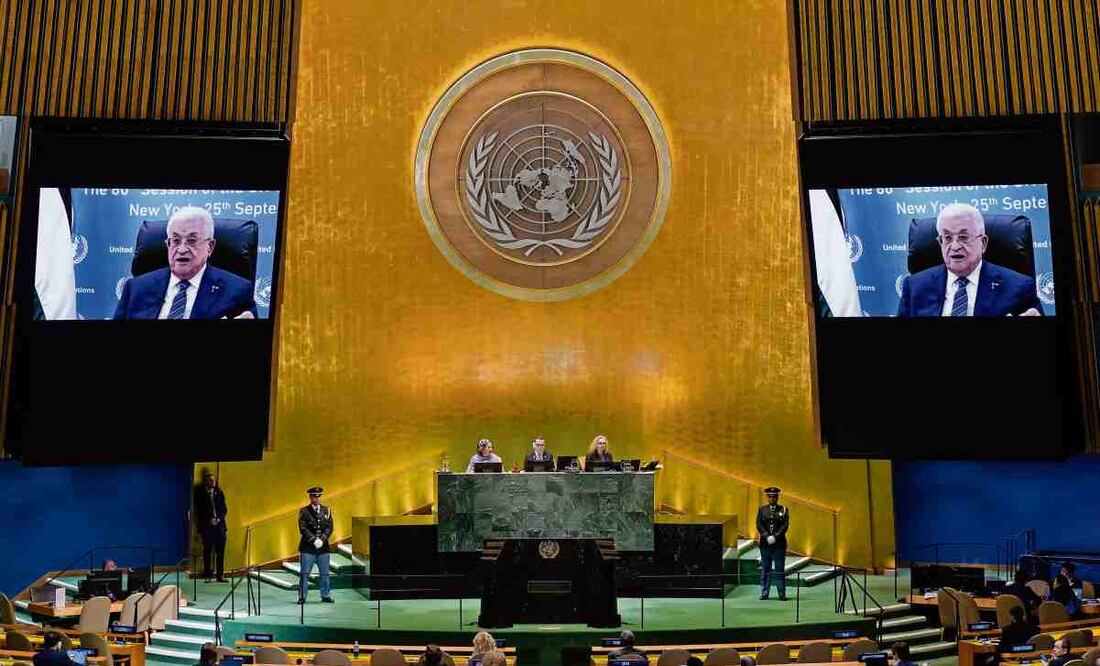 El presidente de la Autoridad Palestina, Mahmud Abbas, en su discurso vía video ante Naciones Unidas. Foto: Timothy A. Clary / AFP