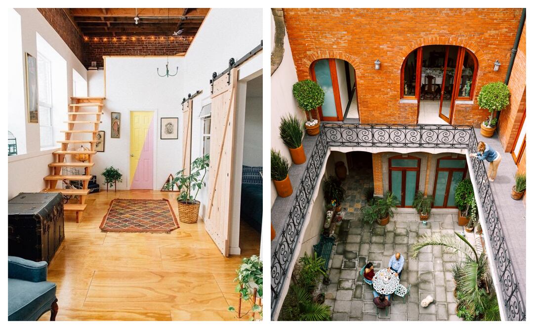 Interior y patio de unos Airbnb, el último localizado cerca del Zócalo de Puebla. Foto: X @airbnb_mx