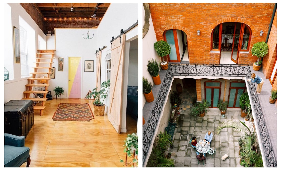 Interior y patio de unos Airbnb, el último localizado cerca del Zócalo de Puebla. Foto: X @airbnb_mx