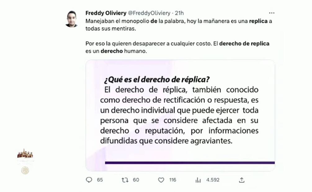 AMLO muestra el significado de derecho de réplica. Foto: Captura de pantalla