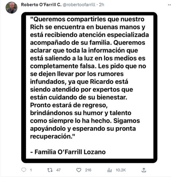 Comunicado Familia Ricardo O'Farrill. Foto: Captura de Twitter @robertoofarrill