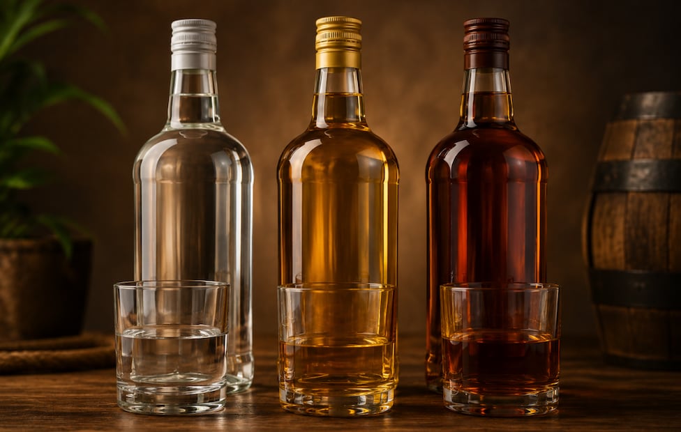 De blanco a añejo: las diferencias entre los tipos de ron radican en su tiempo de reposo y la interacción con la barrica de roble. Foto: generada con IA.