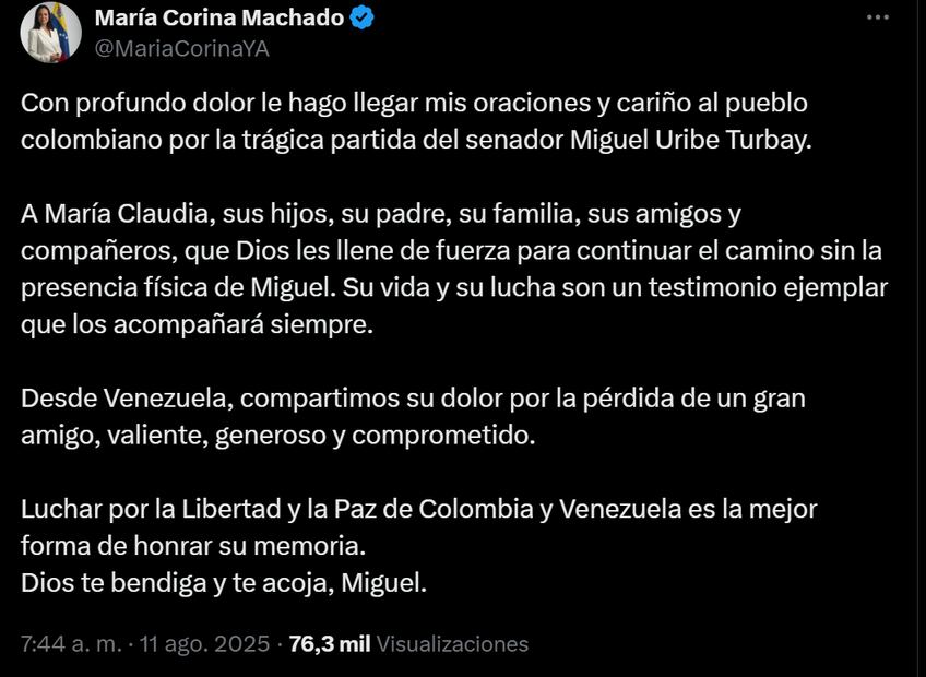 María Corina Machado a través de su cuenta oficial de X. Foto: captura de pantalla