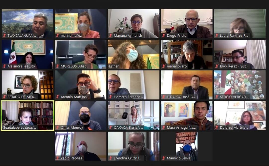 En la reunión con los titulares de cultura de Ciudad de México, Estado de México, Guerrero, Hidalgo, Morelos, Oaxaca, Puebla y Tlaxcala. Foto: Captura de pantalla 