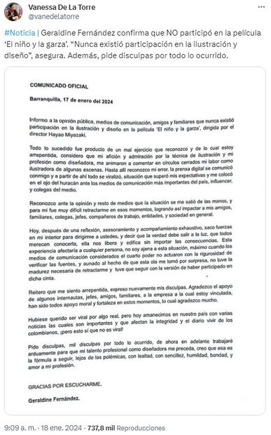 Comunicado de Geraldine Fernández. Foto: X