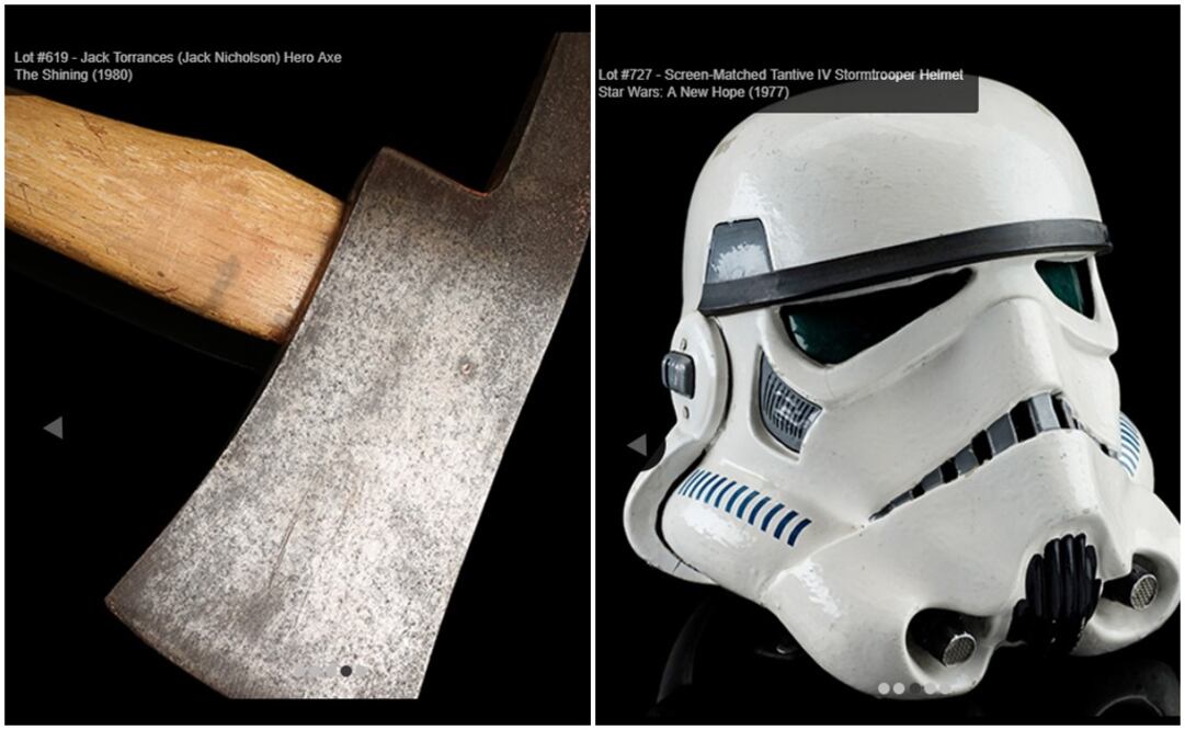 Hacha que Jack Nicholson utilizó en "The Shining" (izq.) y un casco Stormtrooper de la película de 1977 "Star Wars: A New Hope" son algunos de los artículos en venta. Foto: Captura de pantalla ukm.propstoreauction.com
