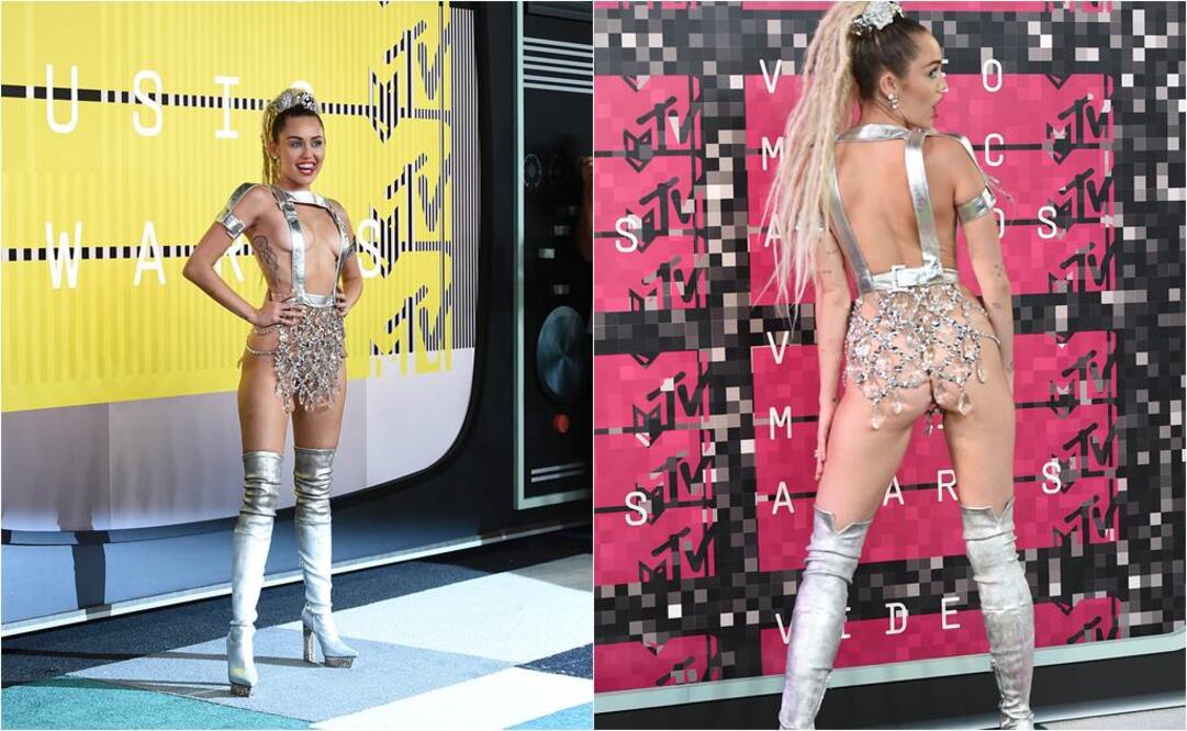 Miley Cyrus, fiel a su costumbre, no dejó de sorprender en la entrega de los MTV Video Music Awards, y todo gracias a sus atuendos. Para llegar al lugar eligió un "vestido" que dejaba ver bastante de su trasero y pecho   Foto:AP