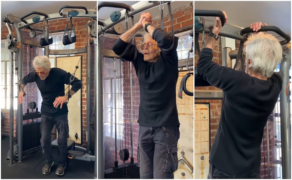 El actor del cine mexicano Jorge Rivero se ejercita en gimnasio de Los Ángeles a sus 88 años de edad.