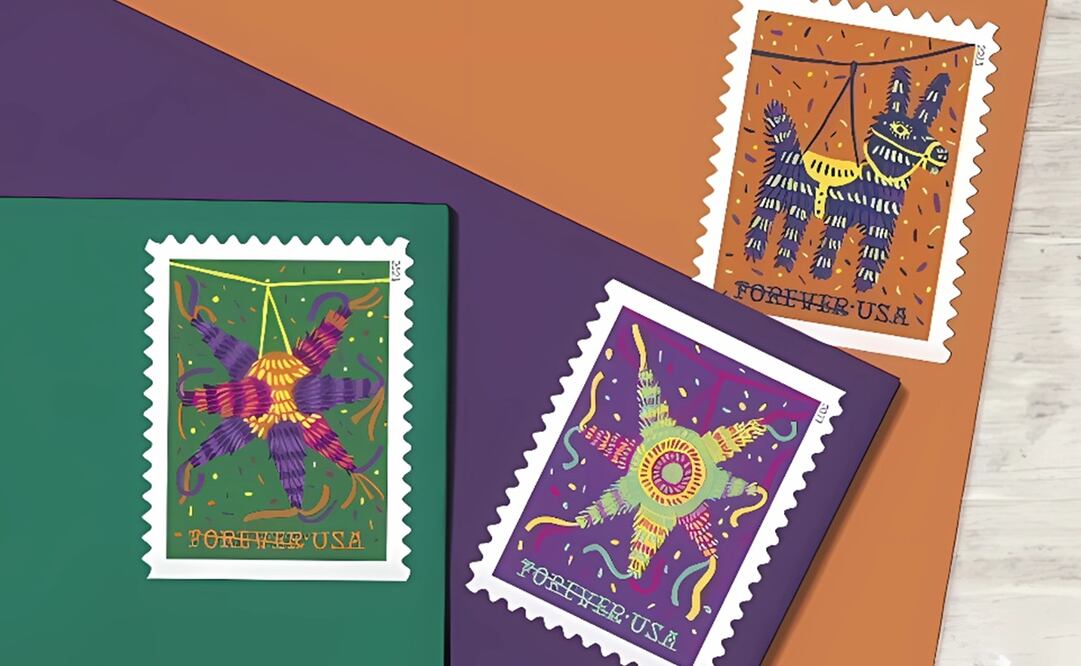 Fotografía divulgada por el Servicio Postal de Estados Unidos (USPS) donde se muestra la serie de cuatro estampillas de EU que rinden homenaje a las tradicionales piñatas, diseñadas por el ilustrador mexicano Víctor Meléndez. Foto: . EFE, Archivo EL UNIVERSAL.
