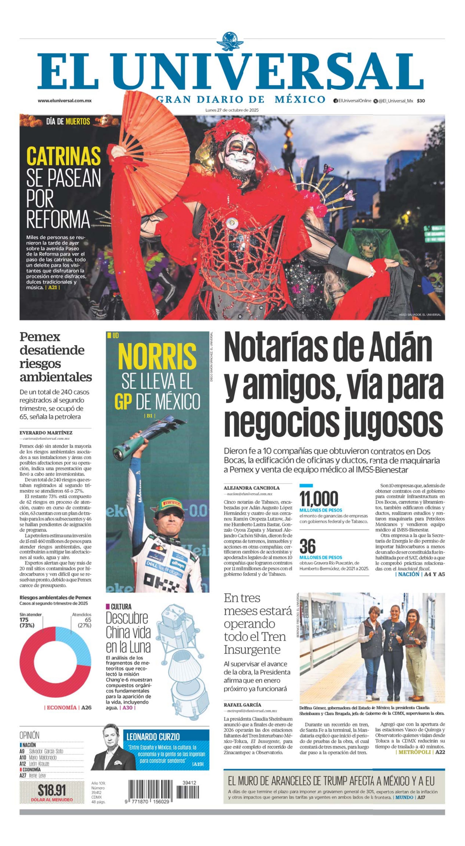 Portada impresa del 27 de octubre de 2025