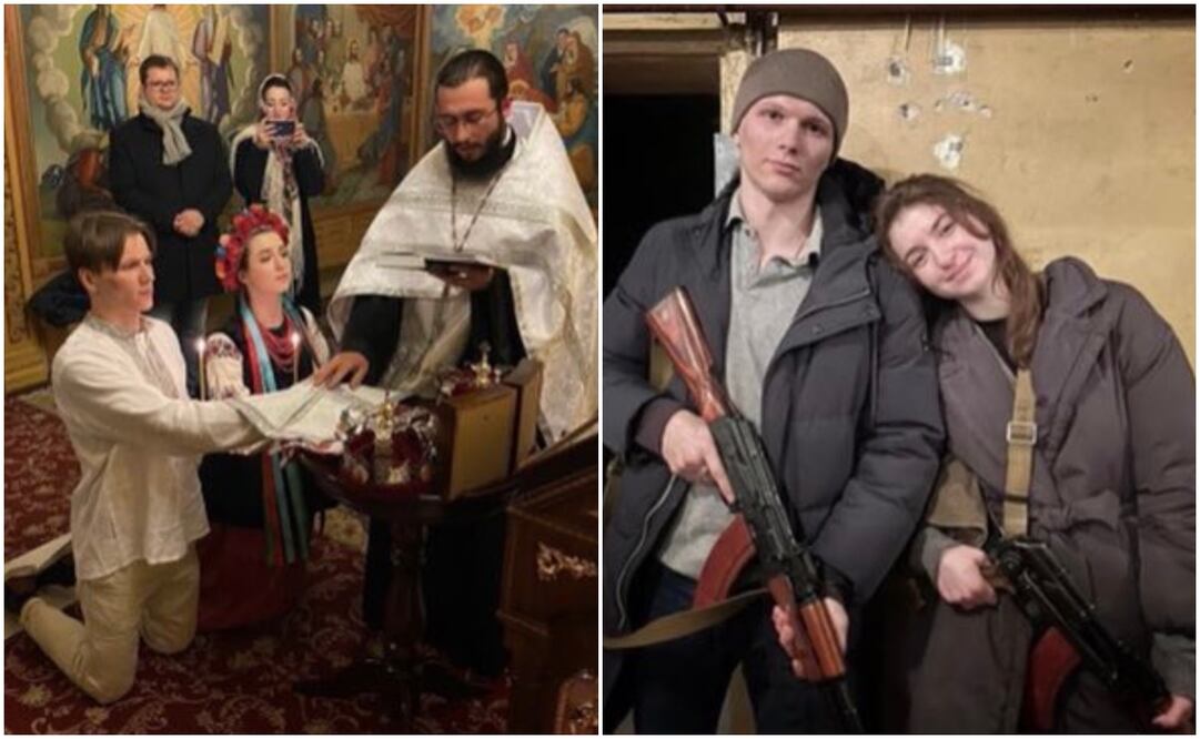 Yaryna Arieva y Sviatoslav Fursin se apresuraron a casarse en el monasterio de San Miguel de Kiev. Fotos de Christian Streib difundidas en Twitter de @michaelcdeibert