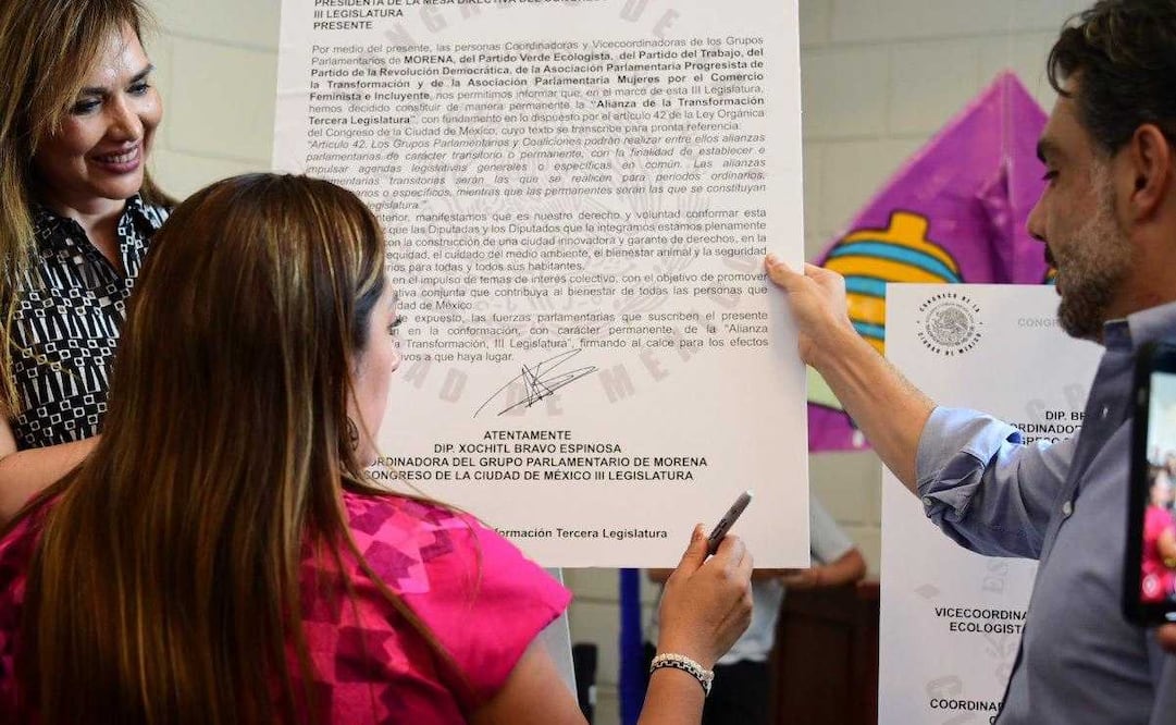 Diputados locales de Morena, PVEM, PT y PRD formalizaron por escrito su alianza legislativa. Foto: Especial
