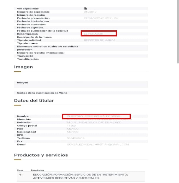 Documentos del IMPI dan cuenta del registro de la nueva marca de Christian Nodal. Foto: Captura de pantalla.
