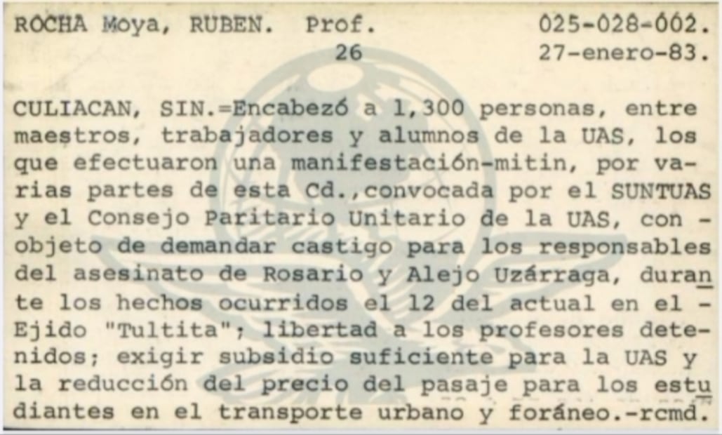 Fichas elaboradas por la Dirección Federal de Seguridad donde sigue los pasos del exgobernador de Sinaloa Rubén Rocha (05/05/2026). Foto: Especial