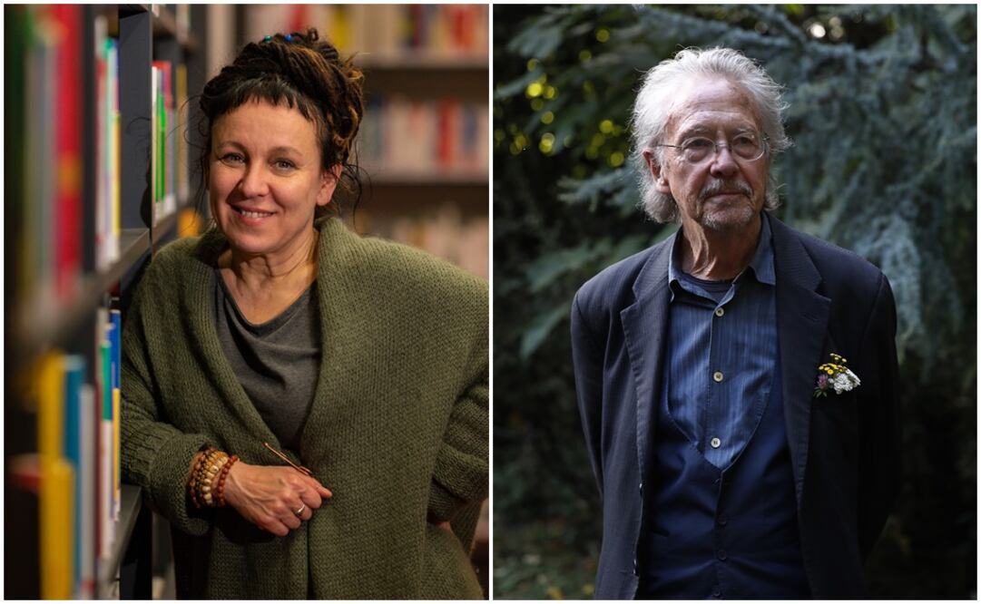 La escritora Olga Tokarczuk en Alemania este 10 de octubre tras recibir la noticia de la Academia Sueca; Peter Handke en el jardín de su casa en Chaville, cerca de París, tras recibir el anuncio de la Academia Sueca. Foto de AFP y AP respectivamente