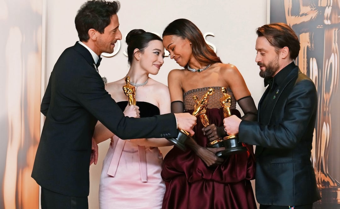Adrien Brody, Mikey Madison, Zoe Saldaña y Kieran Culkin. Foto: AP y AFP