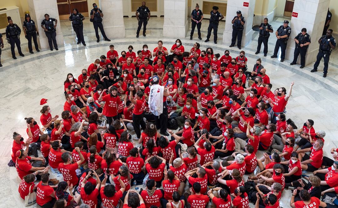 La protesta de propalestinos ocurrió en la emblemática rotonda del Congreso, con decenas de personas convocadas por la organización "Voces judías para la paz" con camisetas rojas con el mensaje "no en mi nombre". Foto: AP/J. Scott Applewhite