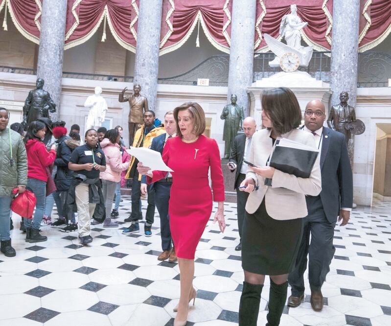 Nancy Pelosi, presidenta de la Cámara de Representantes, previo al anuncio de la aprobación del Tratado entre México, Estados Unidos y Canadá. Foto/SARAH SILBIGER. AFP