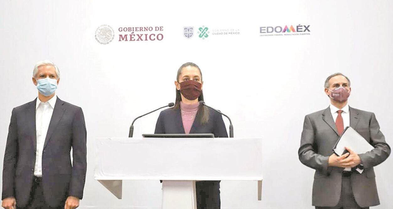 Alfredo del Mazo, Claudia Sheinbaum y Hugo López-Gatell, durante el anuncio conjunto sobre las nuevas medidas. Foto: ESPECIAL